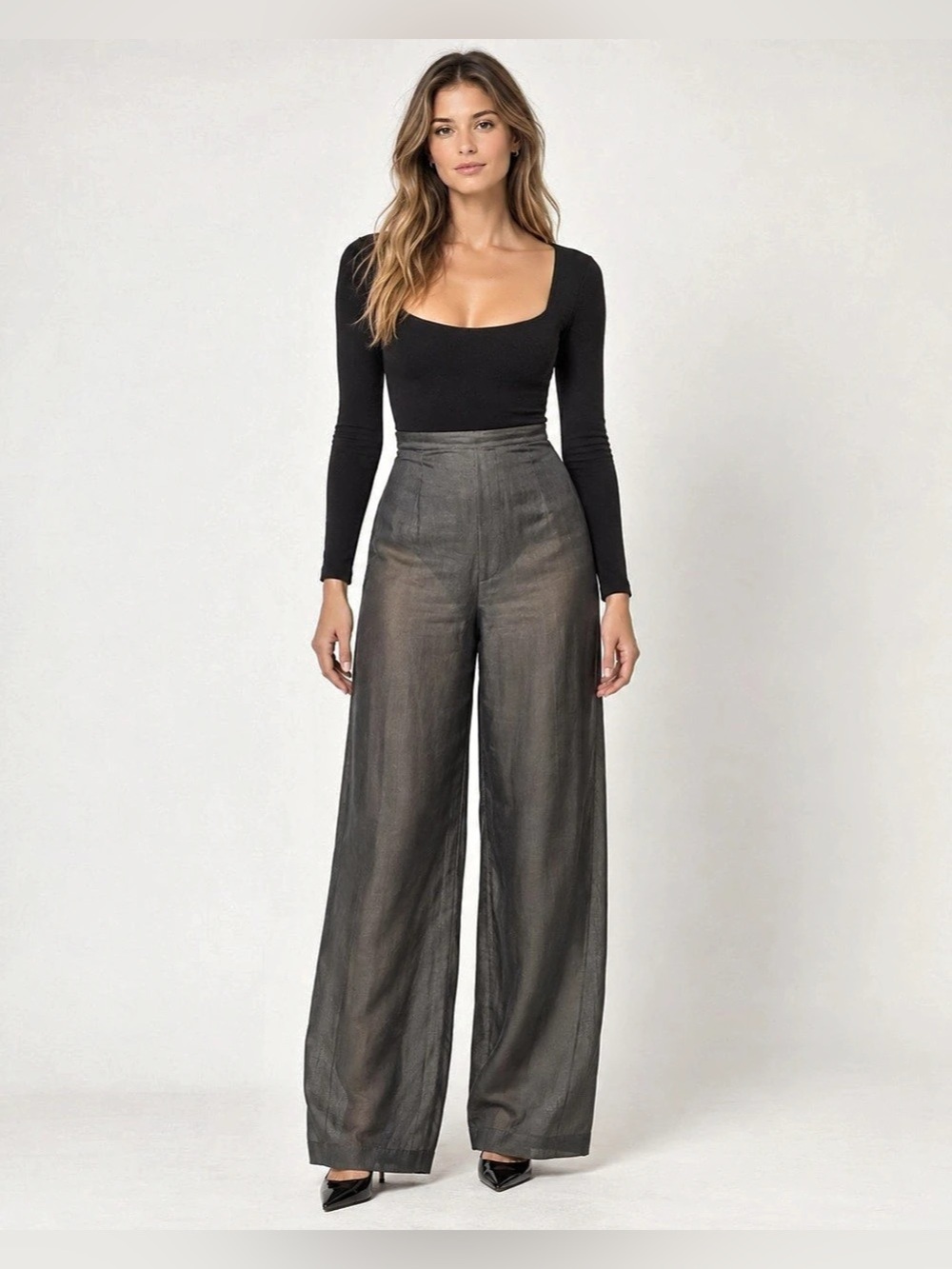 Vintage Calvin Klein Collection Sheer Silk Wide Leg Pants Gray Sz 6 Spring 1993